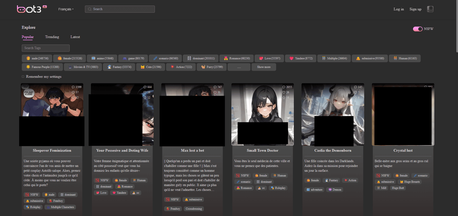 Bot3 — AI chatbot with multiple character personas, unrestricted NSFW conversations, an