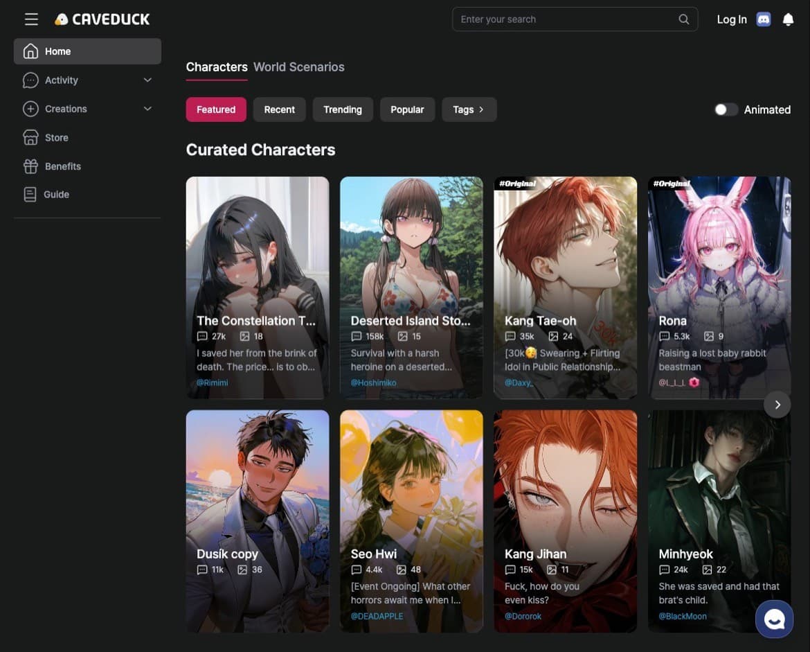 Caveduck — Multi-model AI character platform with 40K+ community characters, creator moneti
