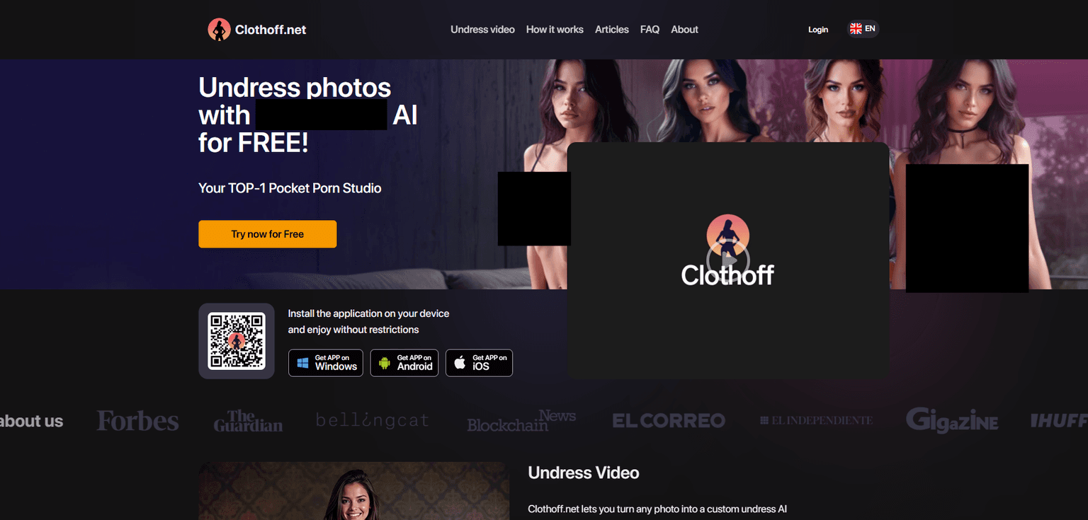 Clothoff — AI clothing removal tool that generates nude images from photos. Coin-based pric