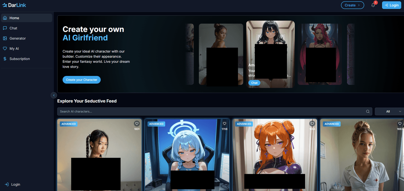 Darlink — AI companion with dark, edgy character aesthetics, intimate conversations, and p