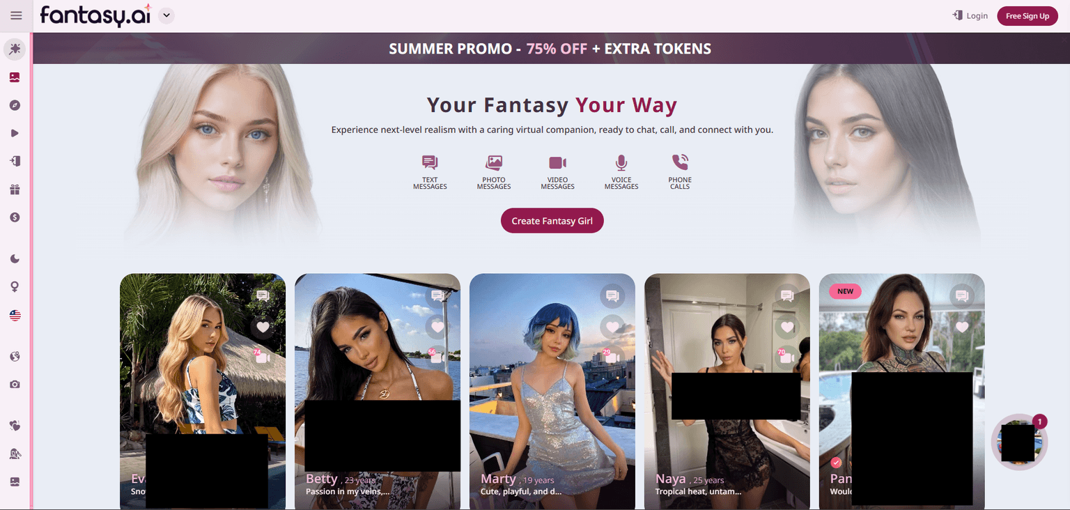 Fantasy Ai — AI companion platform with chat, image generation, and voice messaging. Features