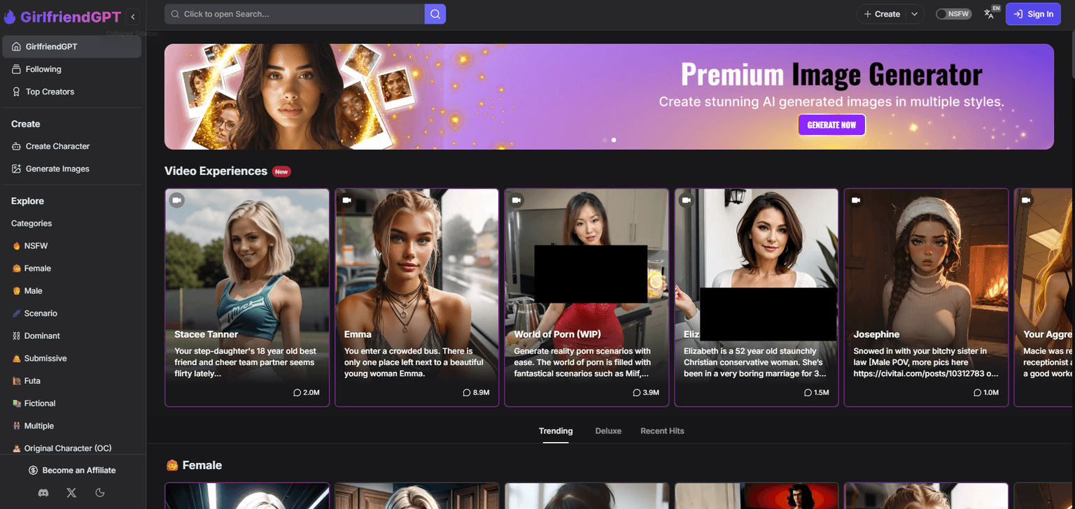 GirlfriendGPT — AI girlfriend chat platform with unrestricted roleplay, NSFW image generation, v