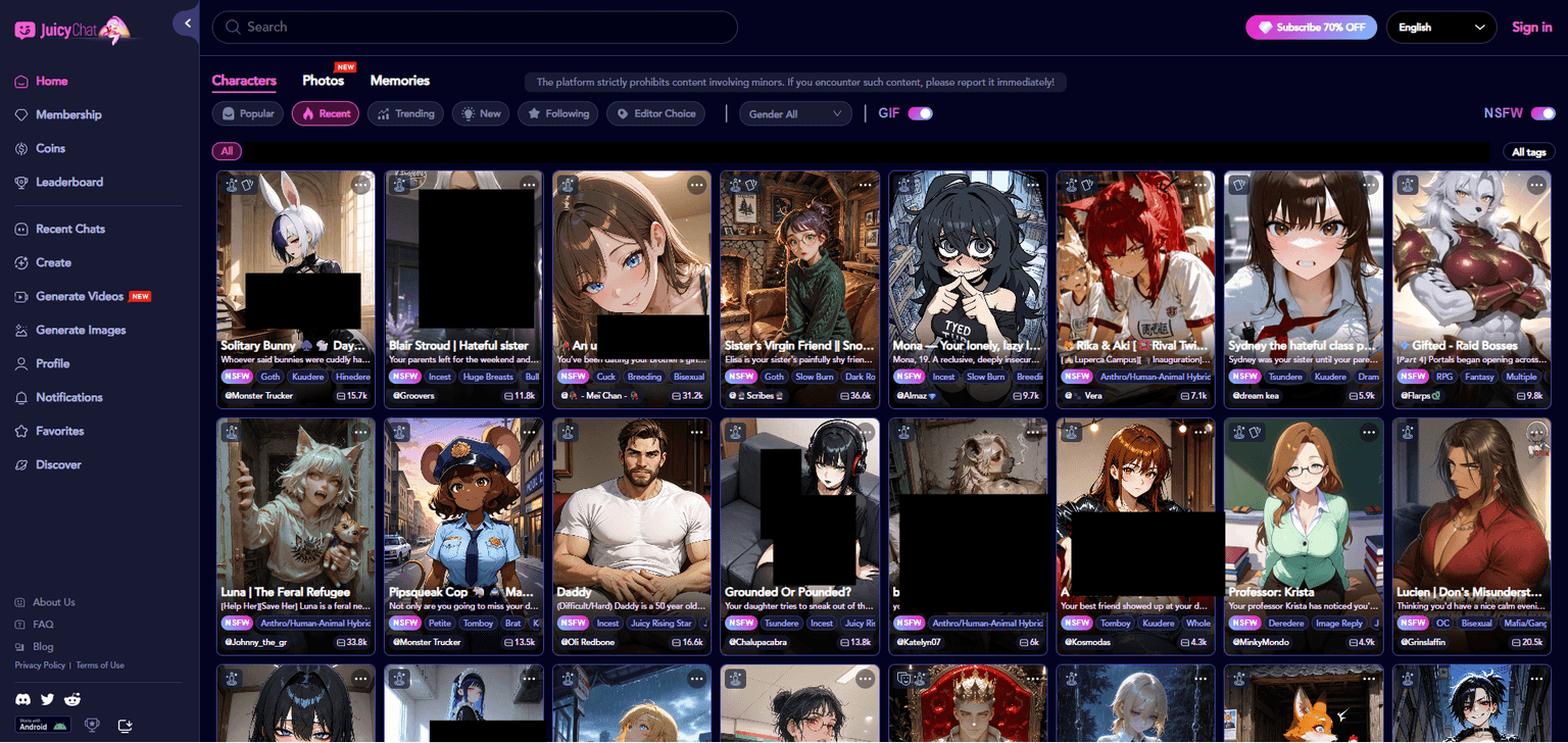 JuicyChat AI — AI chat platform for unrestricted roleplay and adult conversations with customiz