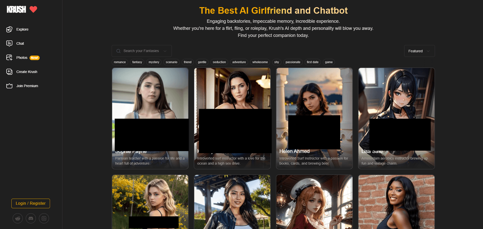 Krush — AI chat platform for roleplay and dating simulation with customizable characters