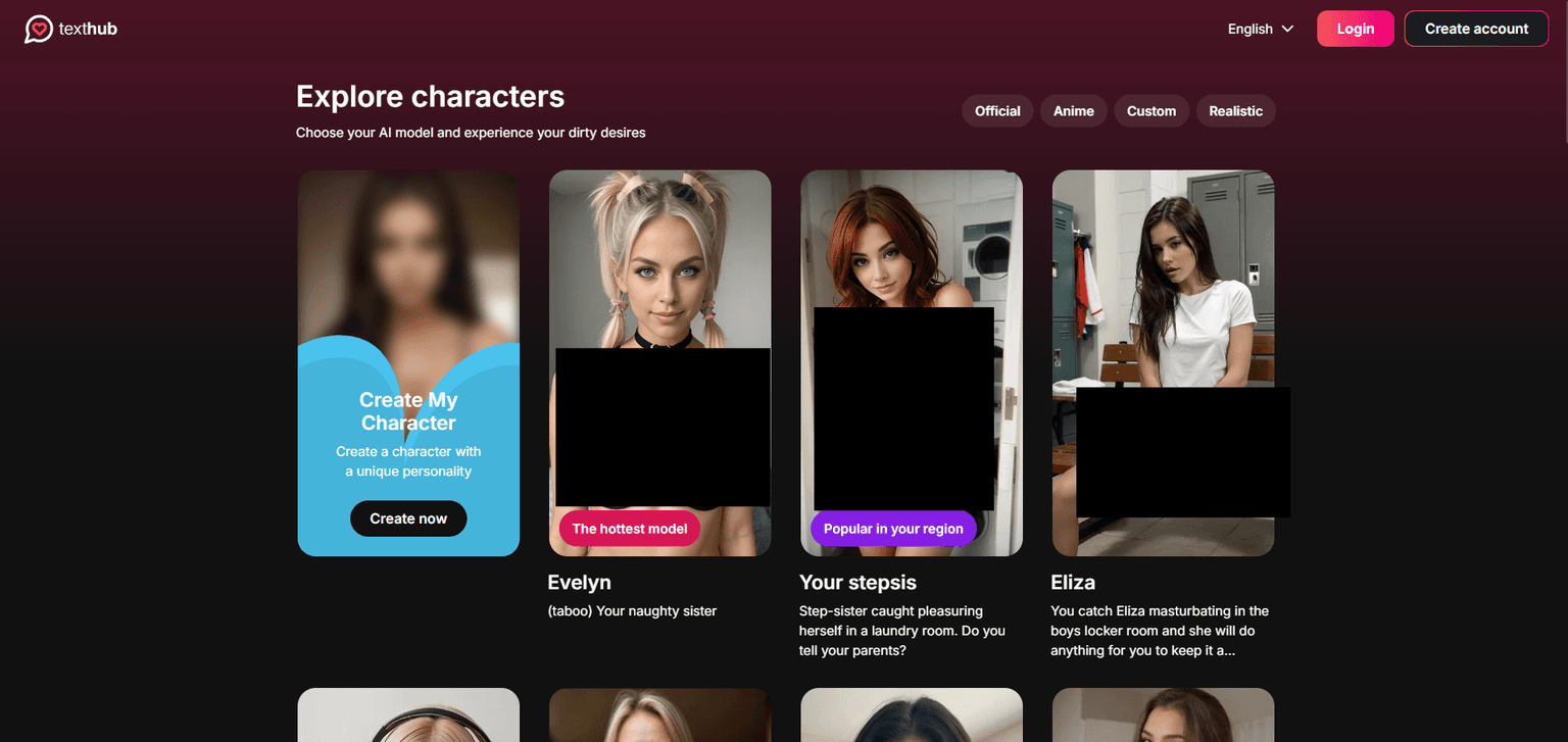 Texthub — AI character chat platform for adult roleplay with customizable personas, themed